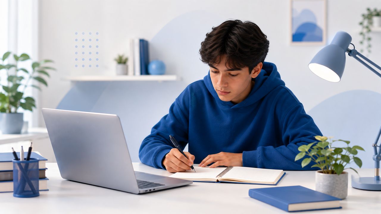 Élève travaillant à son bureau, cahier et ordinateur portable